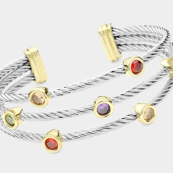 Jewelry - Two Tone Multi Color Cuff Cable Bracelet with Gem Accents